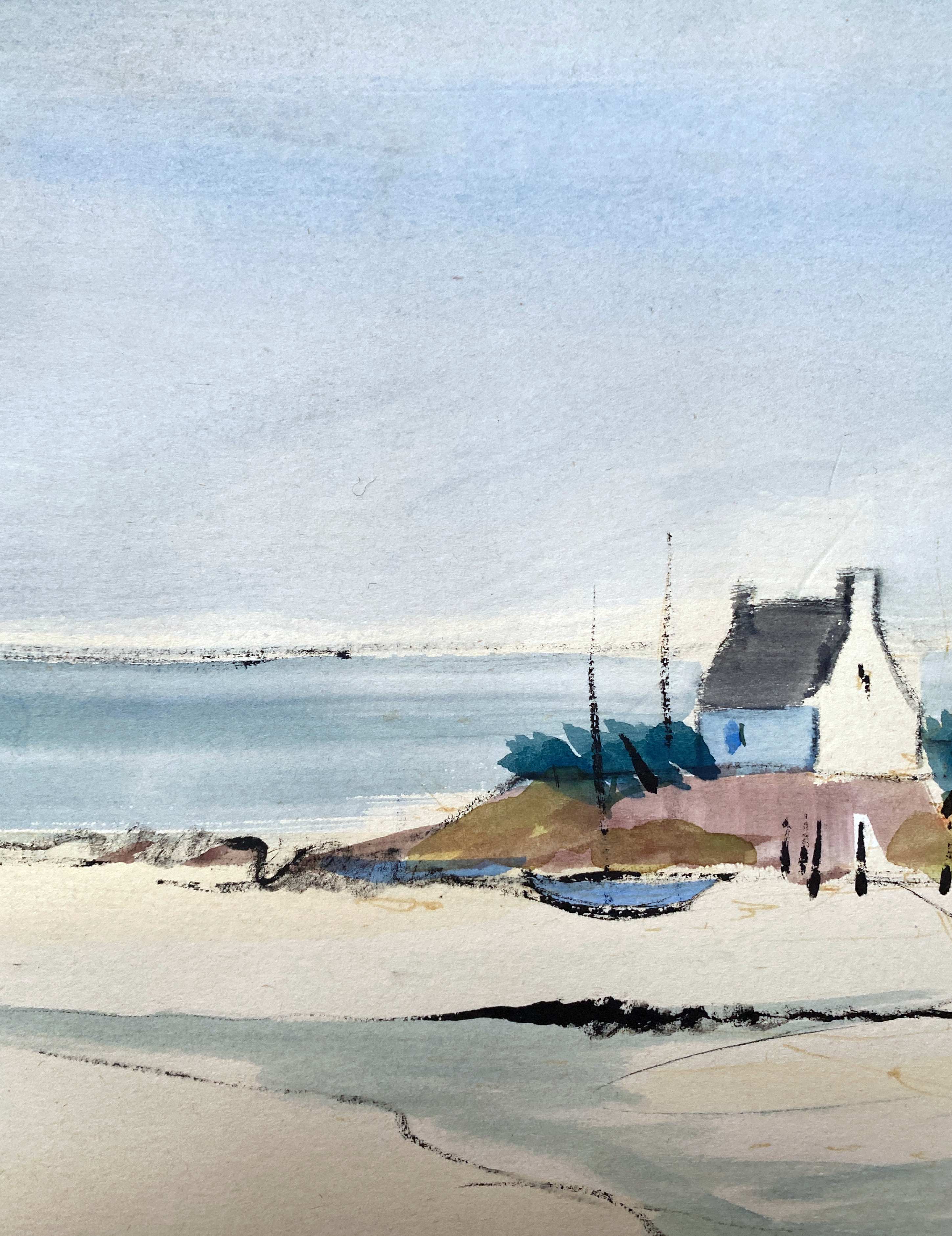 Watercolor painting "Breton Marine" seaside beach signed Mahel 82