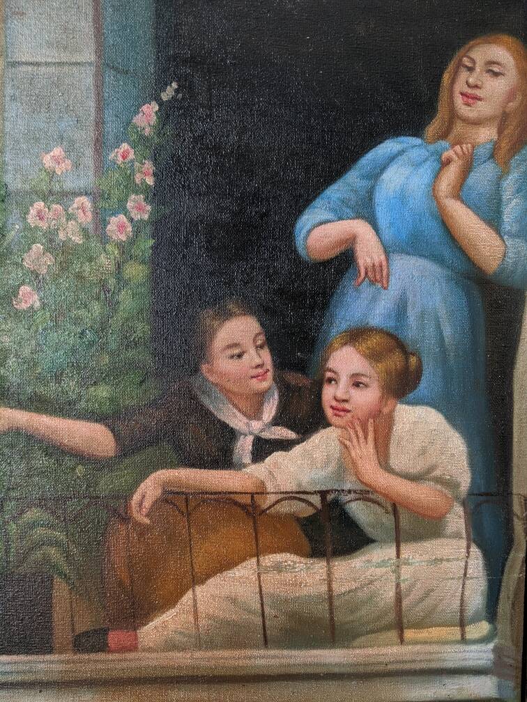 Oil painting on canvas, scene of life, black wooden frame, country decoration