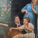 Oil painting on canvas, scene of life, black wooden frame, country decoration