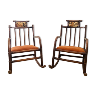 Pair of rattan rocking chairs and corduroy