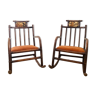 Pair of rattan rocking chairs and corduroy