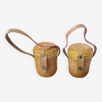2 small rattan and leather baskets