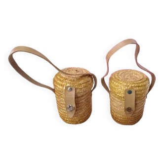 2 small rattan and leather baskets