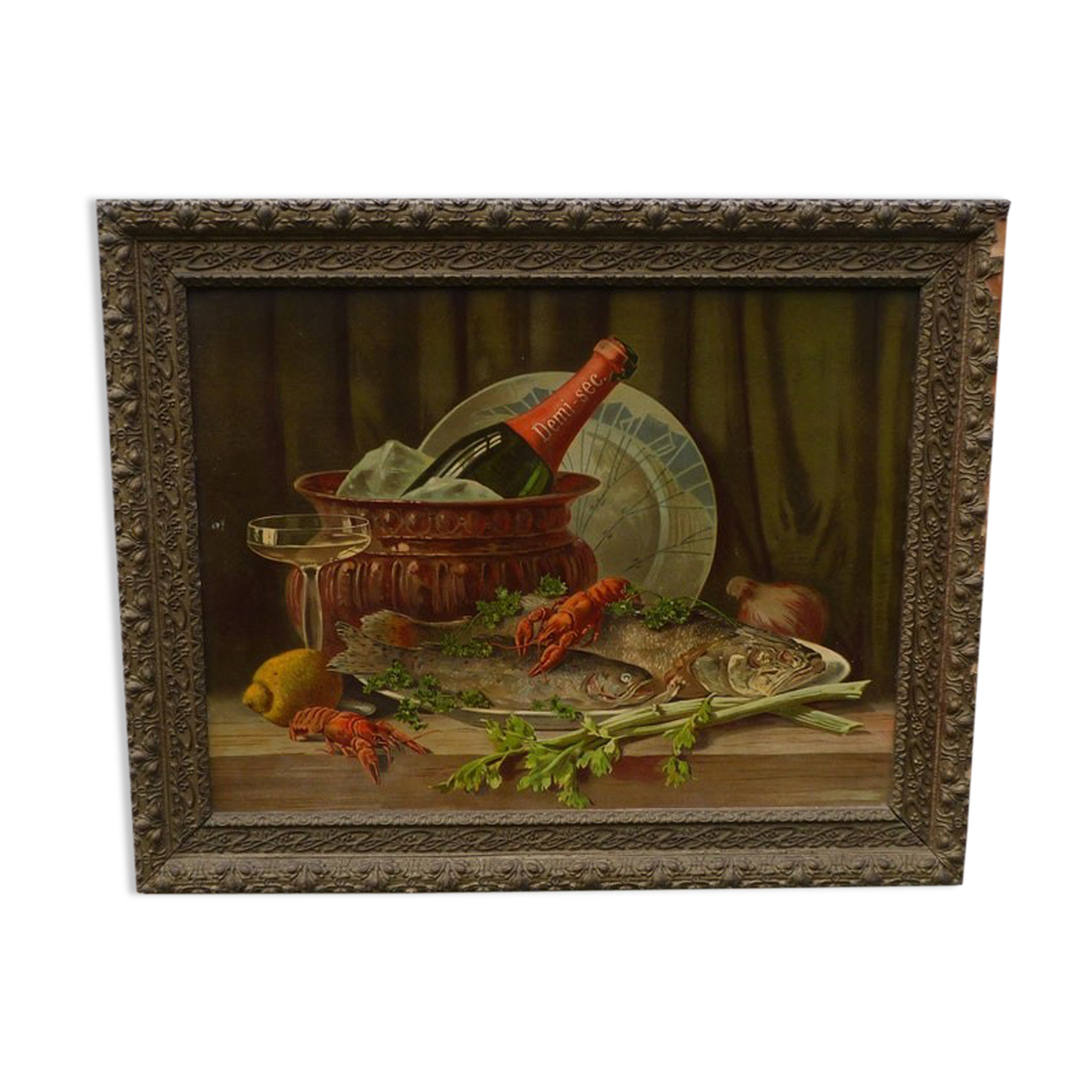 Still life chromolithography frame with Champagne