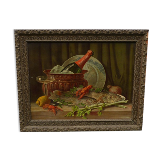 Still life chromolithography frame with Champagne