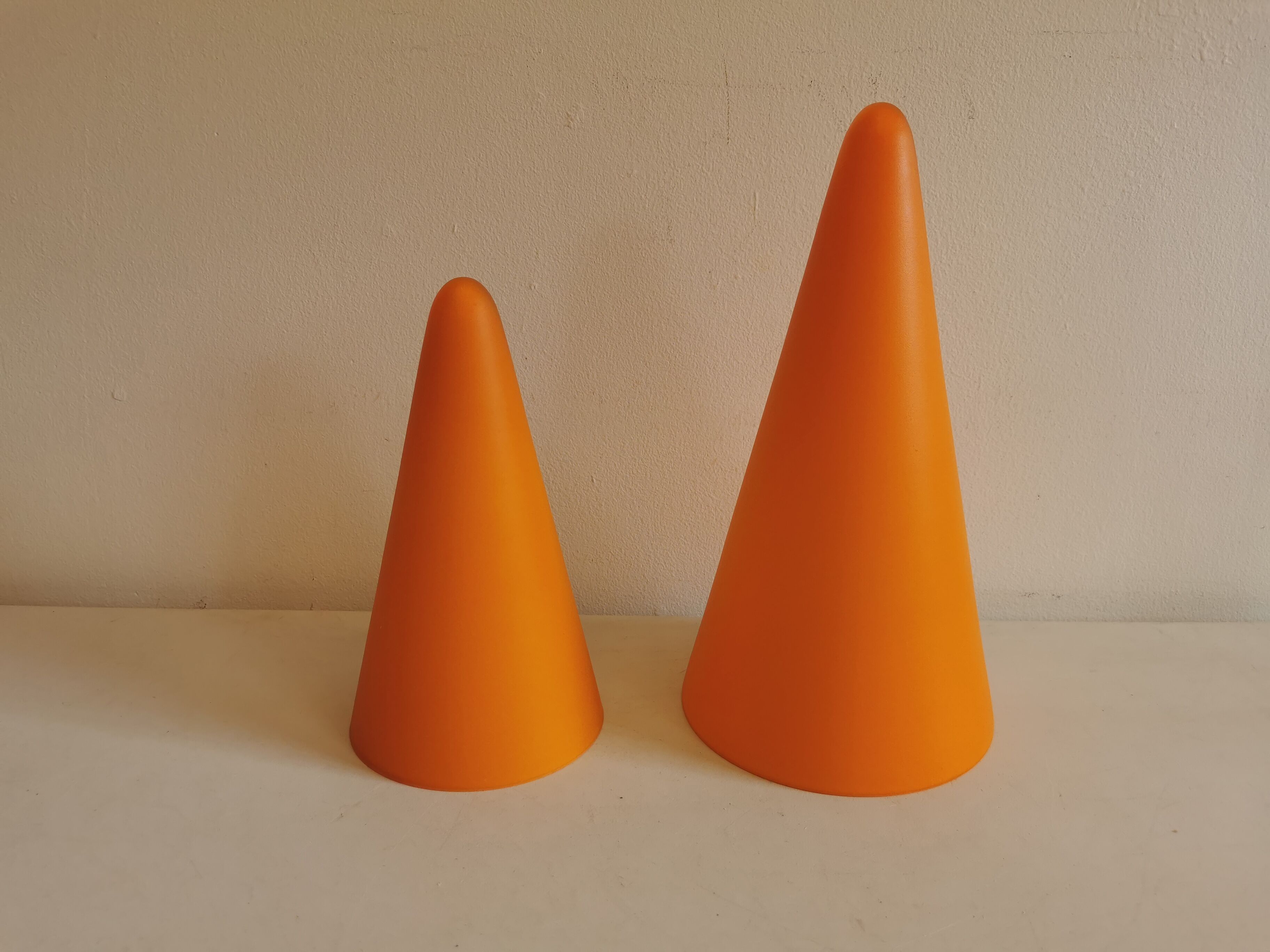 Table lamps, model Teepee, from the 80s in double-layer glass (orange and milky white)