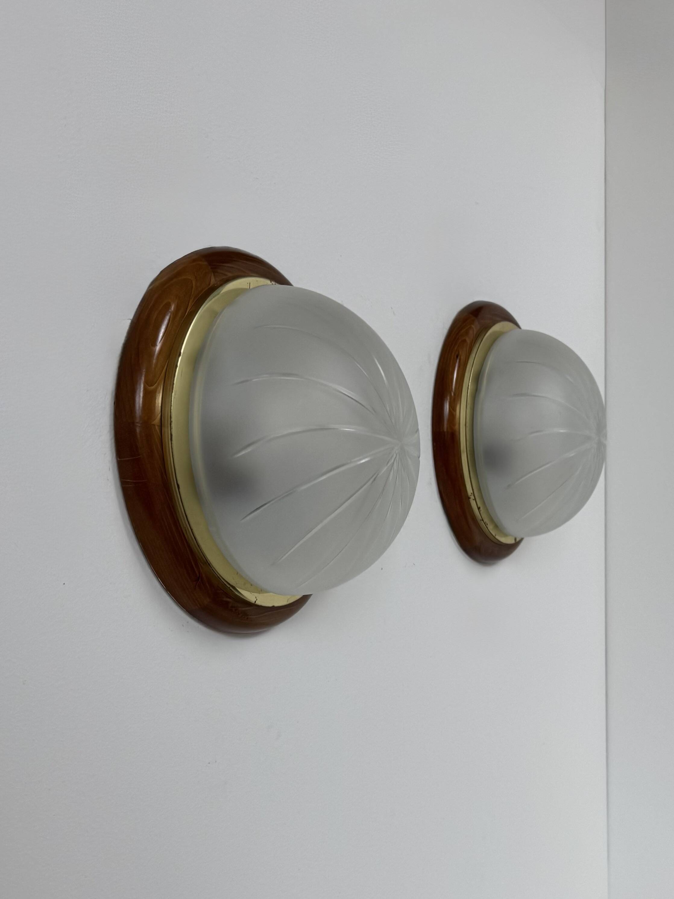 Pair of vintage wall lights, wood, brass and frosted glass, France, 1970.