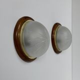 Pair of vintage wall lights, wood, brass and frosted glass, France, 1970.
