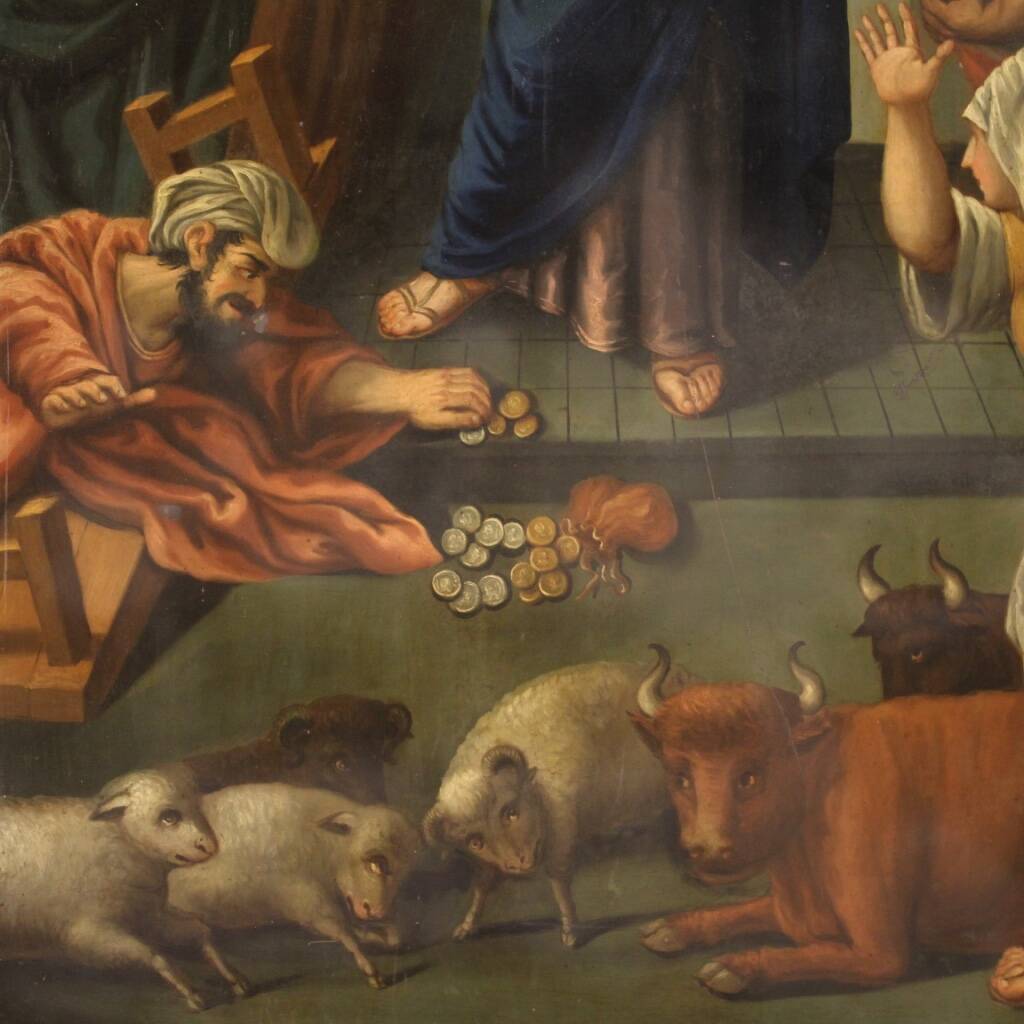 Peinture italienne à l'huile sur cuivre "Expulsion des marchands du temple"