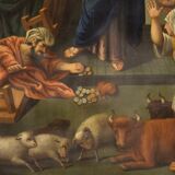 Peinture italienne à l'huile sur cuivre "Expulsion des marchands du temple"