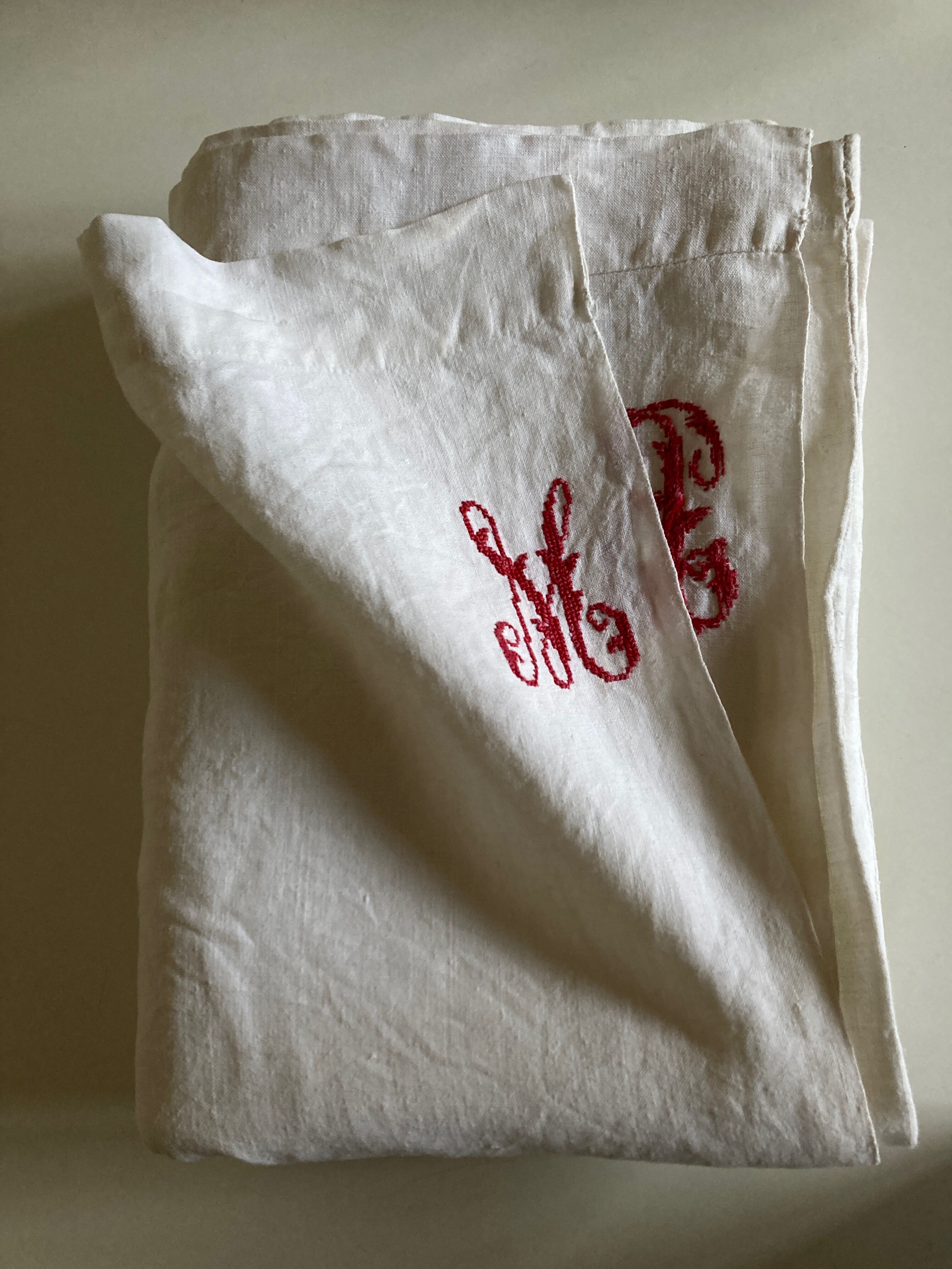 19th century embroidered linen thread tablecloth embroidered red