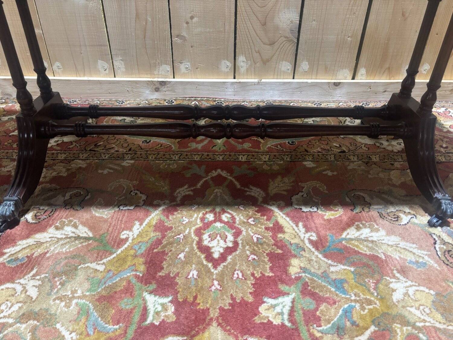 English Regency coffee table, mahogany & green stamped leather with gold.