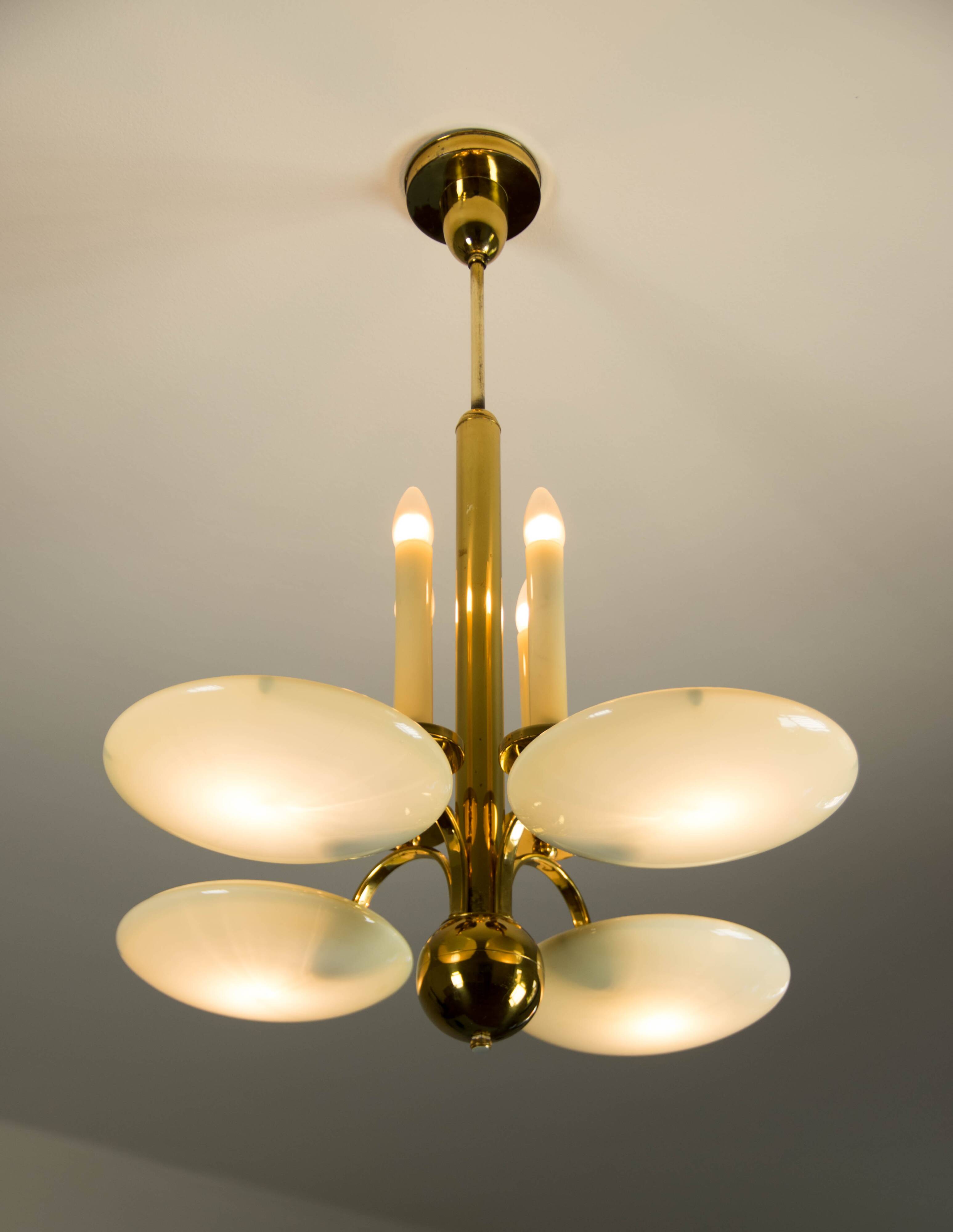 Art Deco Brass and Glass Chandelier, 1930s