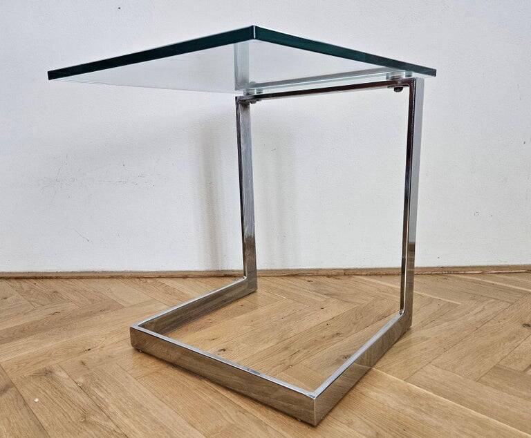 Midcentury Design Cantilevered Glass & Chrome Side Coffee Table, 1980s
