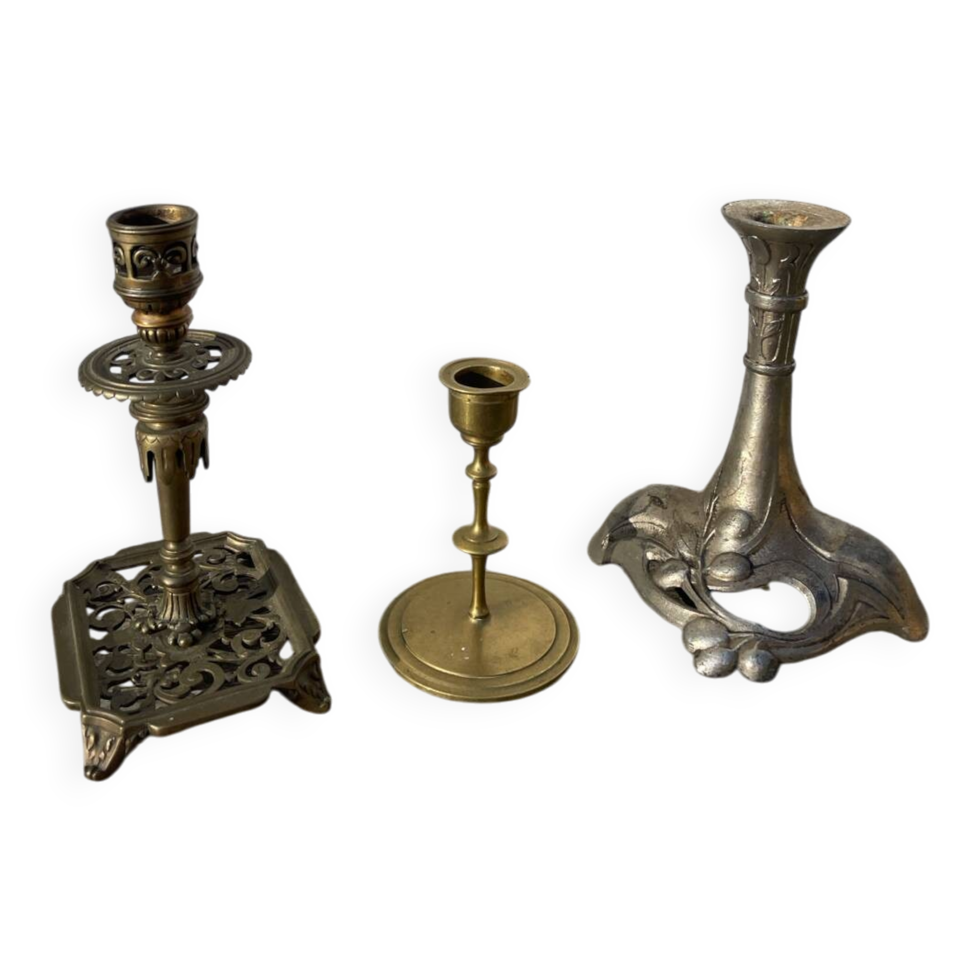 3 antique candlesticks in gold and silver metal