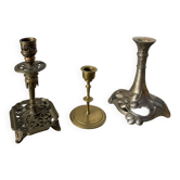 3 antique candlesticks in gold and silver metal