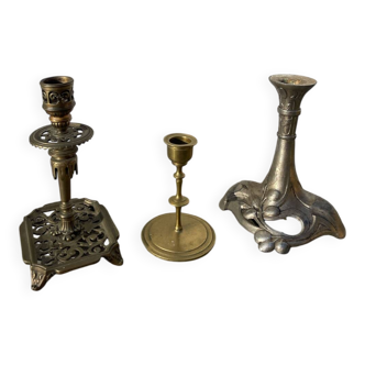 3 antique candlesticks in gold and silver metal