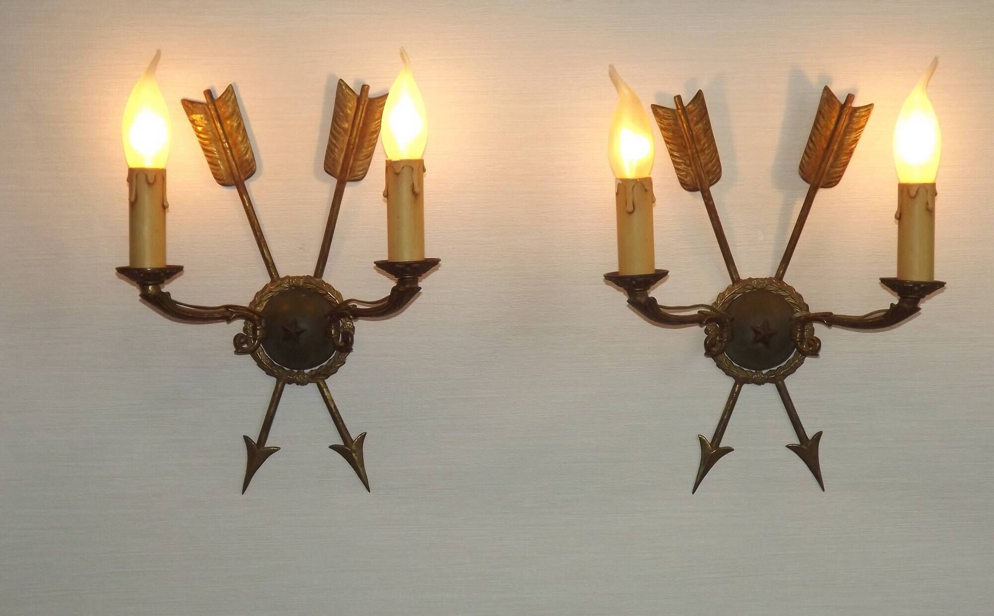 French Vintage Bronze Empire Arrow & Quiver Criss Cross Double Wall Sconces