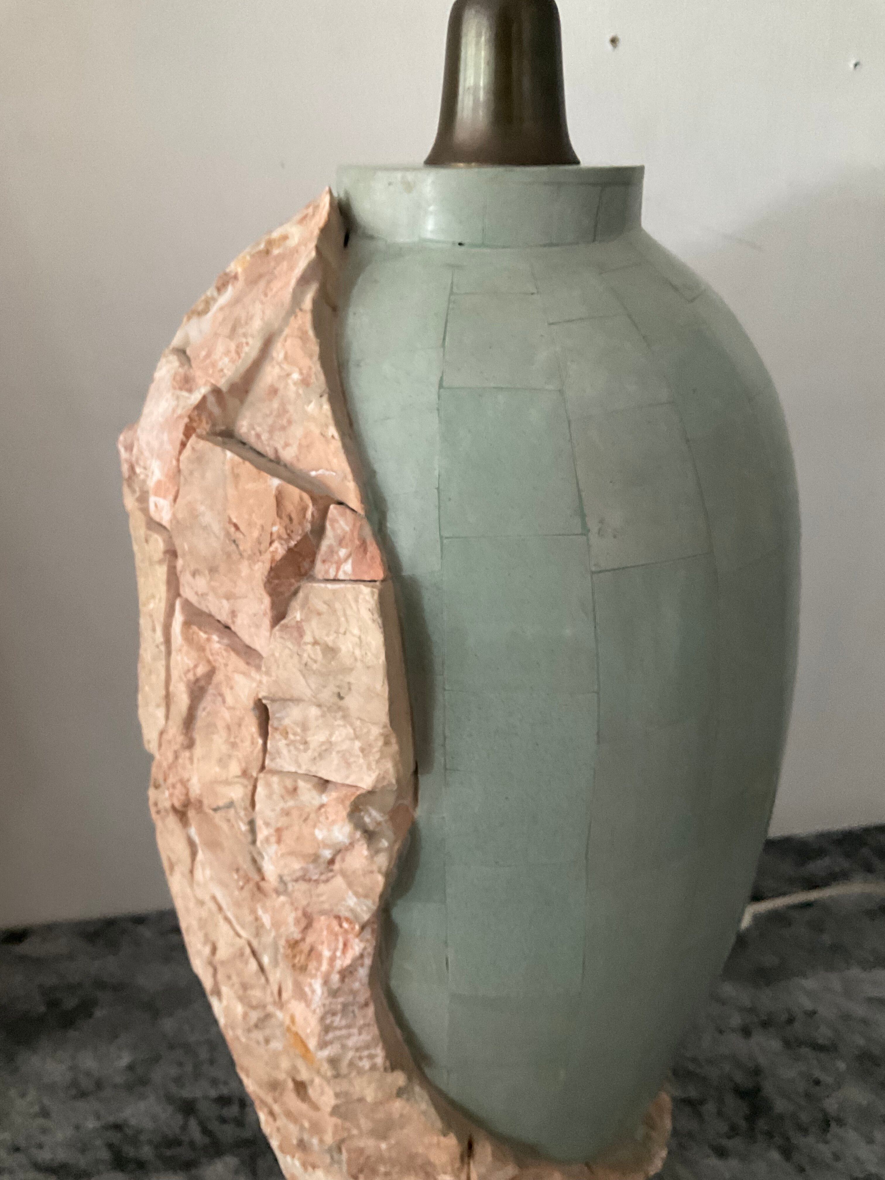 Vintage lamp base in Mactan stone and green marble.