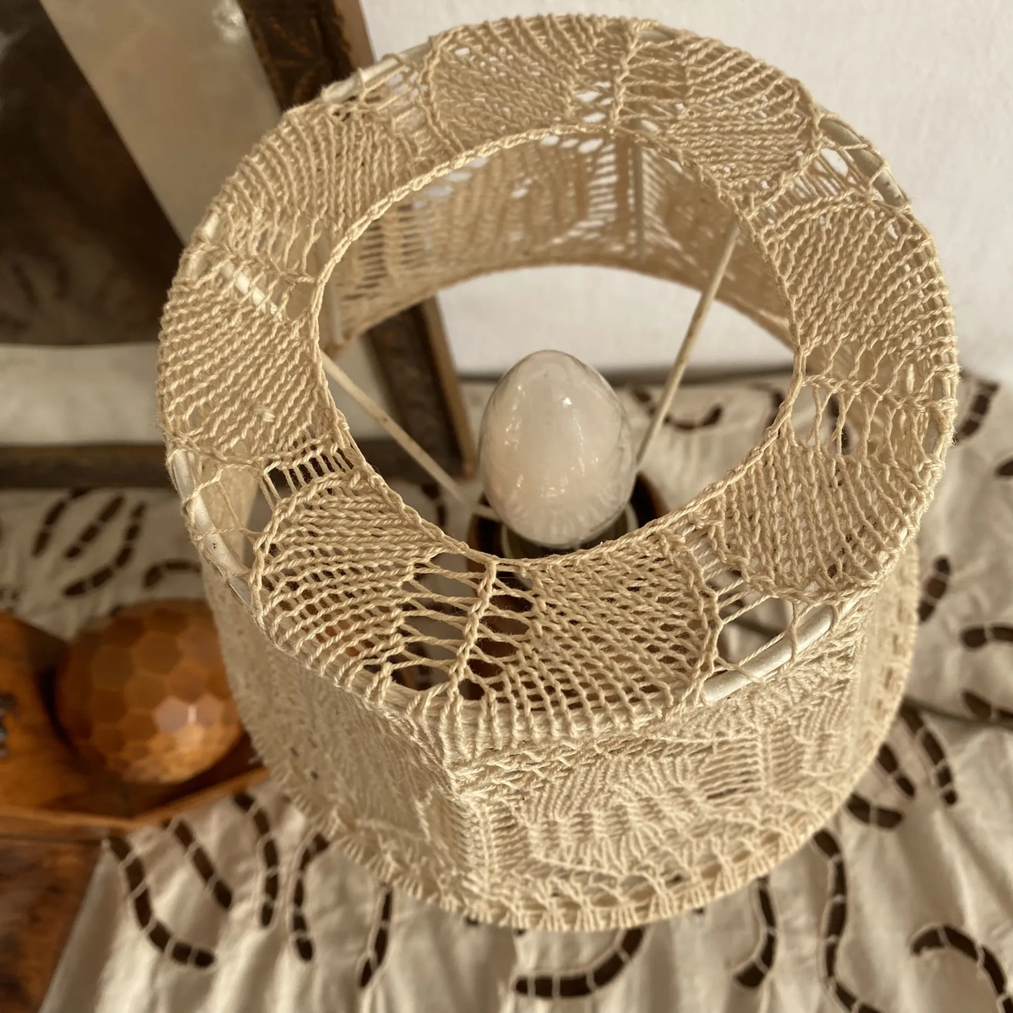 Wooden turned bedside lamp with lace