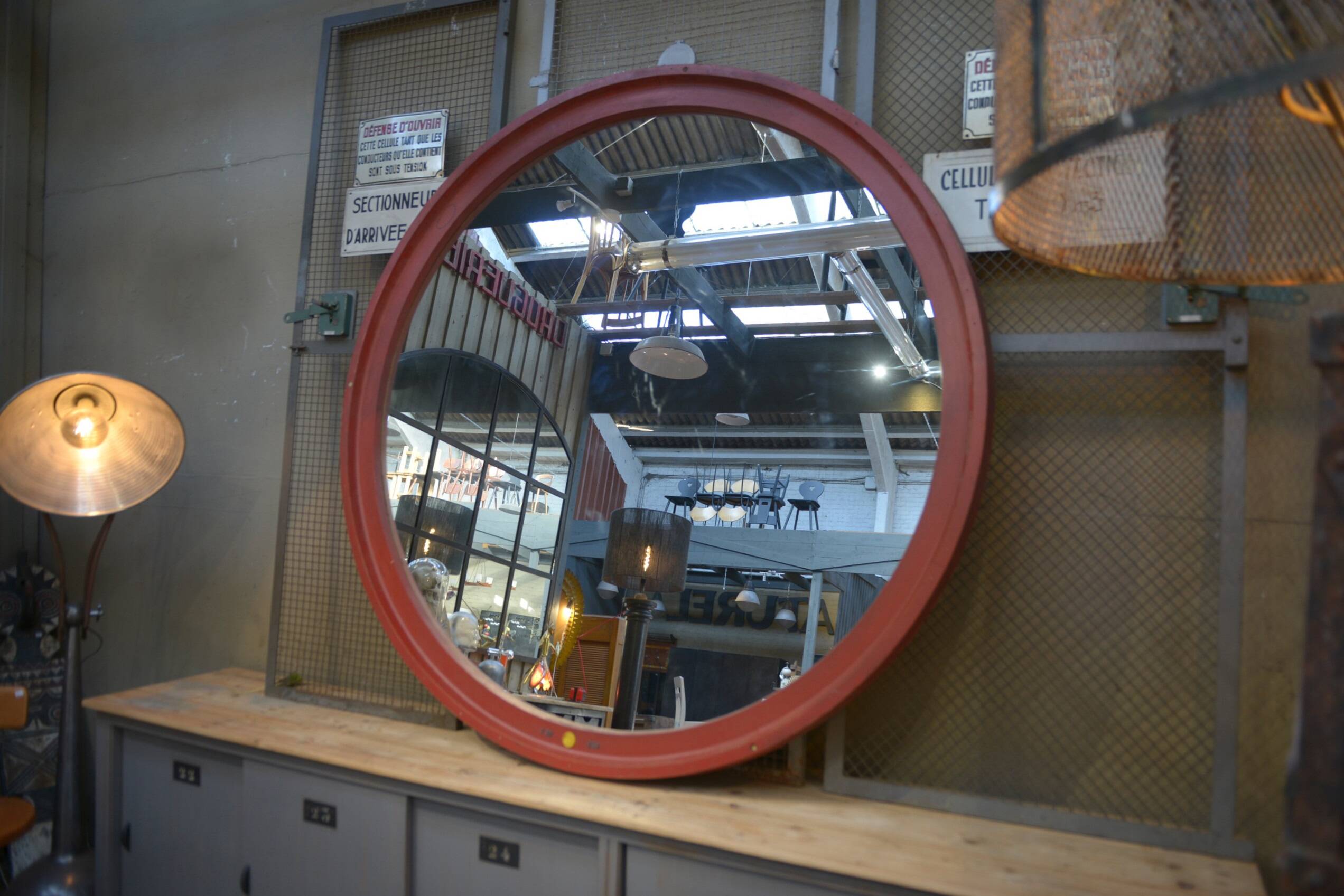 Large Round Industrial Wooden Mirror 1920