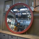 Grand miroir rond industriel en bois 1920