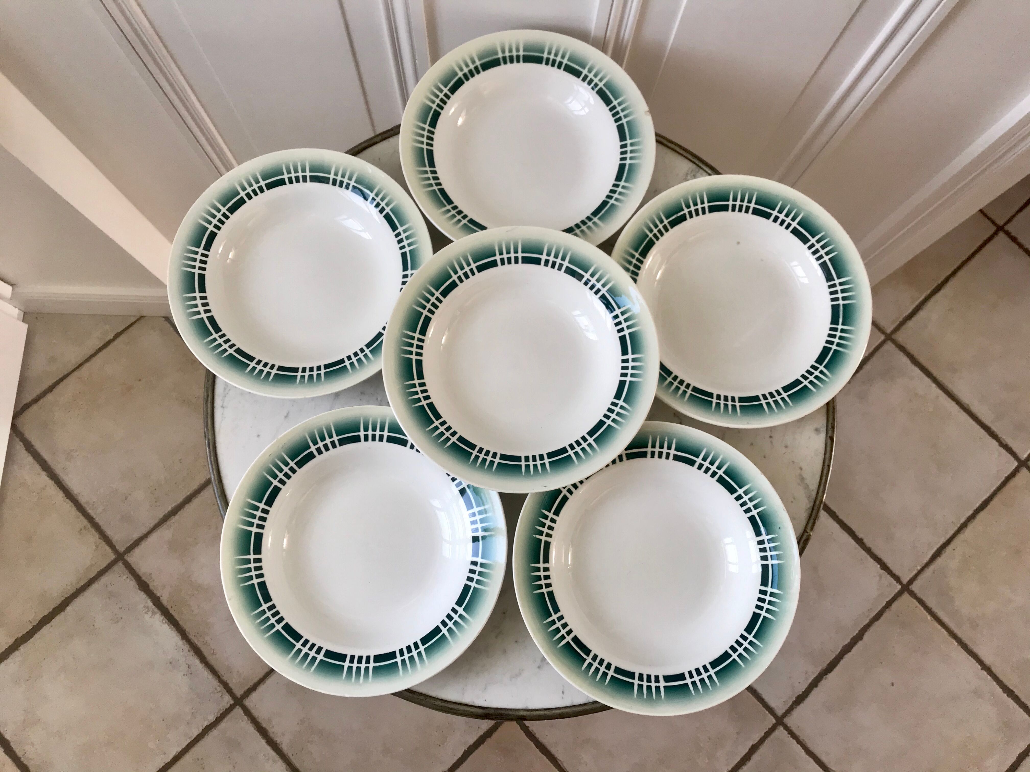 Set of 6 green hollow plates Digoin Sarreguemines 30s
