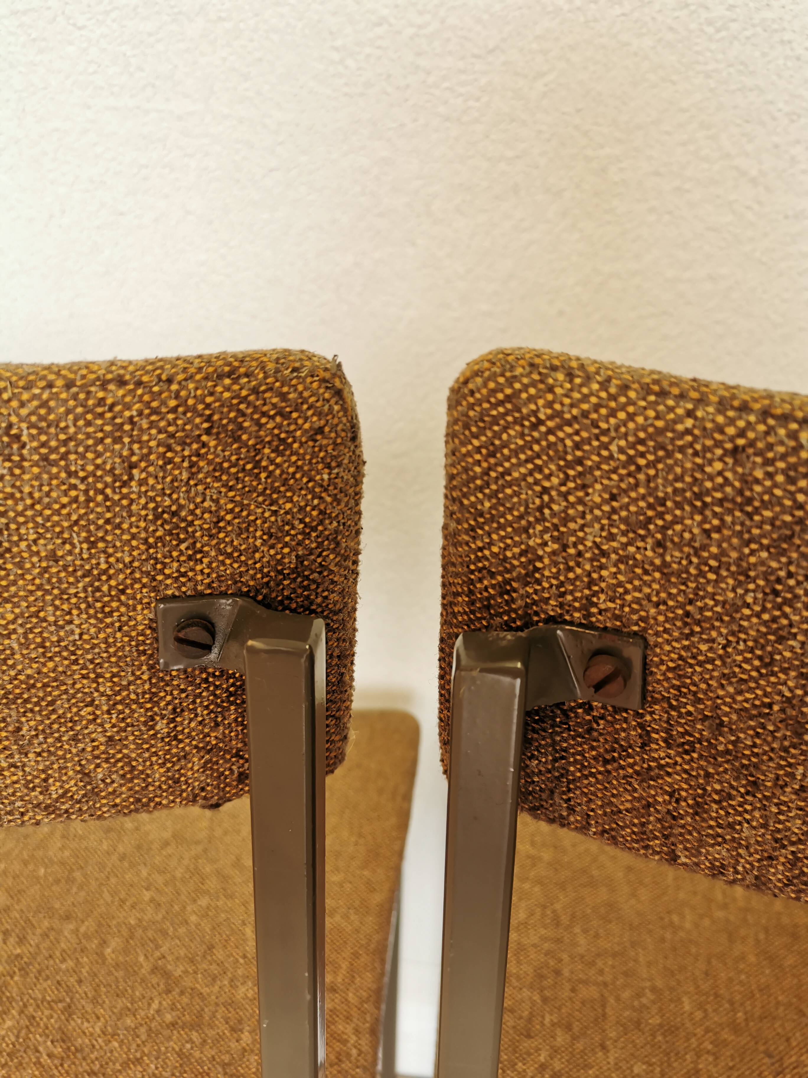 Set of 4 Vintage Industrial School Chairs: Brown Fabric, Black Metal Base