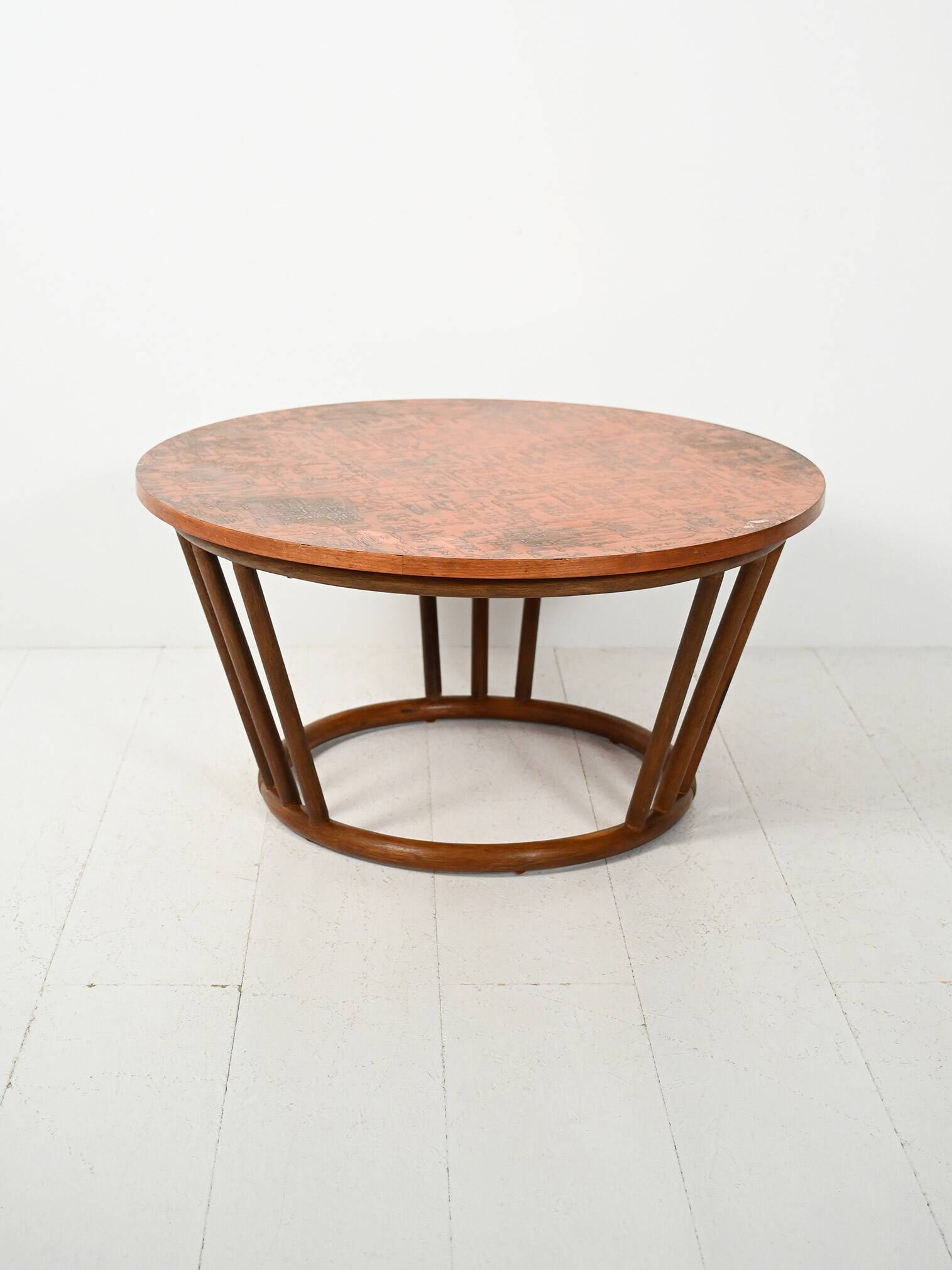 Scandinavian round bamboo and copper coffee table