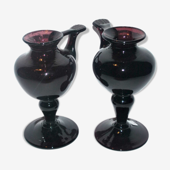 Lot de 2 bougeoirs biot en verre bullé violet aubergine style lampe à huile 1960