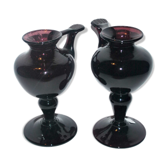 Lot de 2 bougeoirs biot en verre bullé violet aubergine style lampe à huile 1960