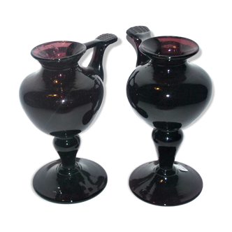 Set of 2 biot candle holders in bubbled glass purple eggplant style oil lamp 1960
