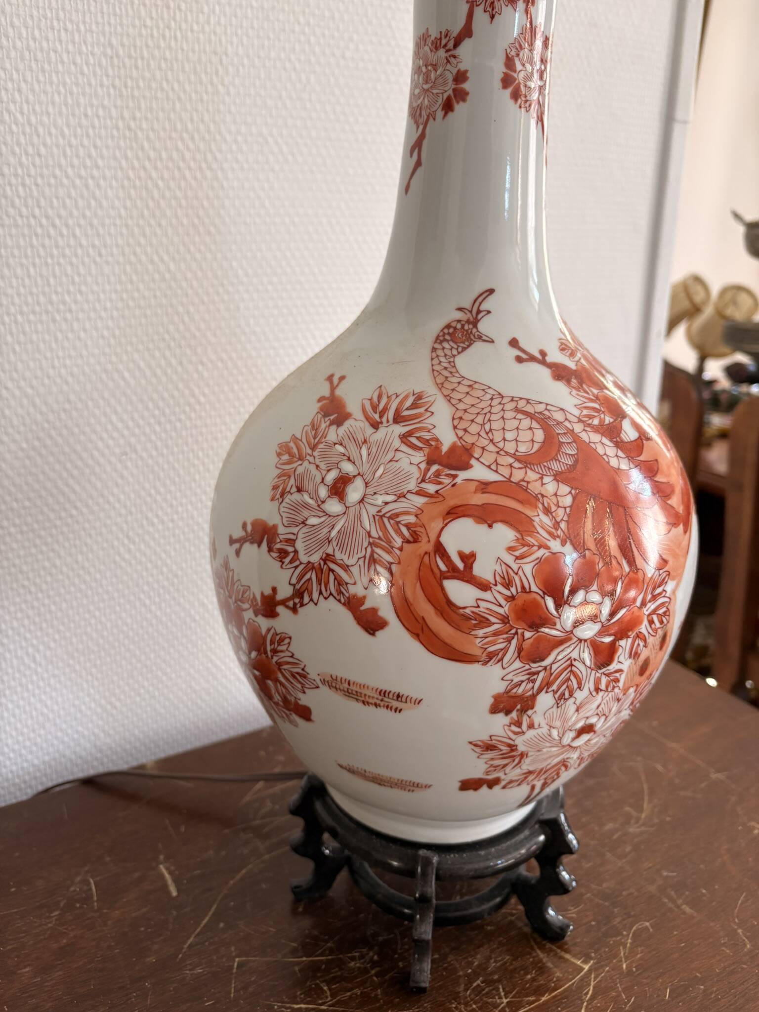 Lampe Vase Porcelaine Imari Japon Japonais Rouge Fer Meiji Phénix Pivoine