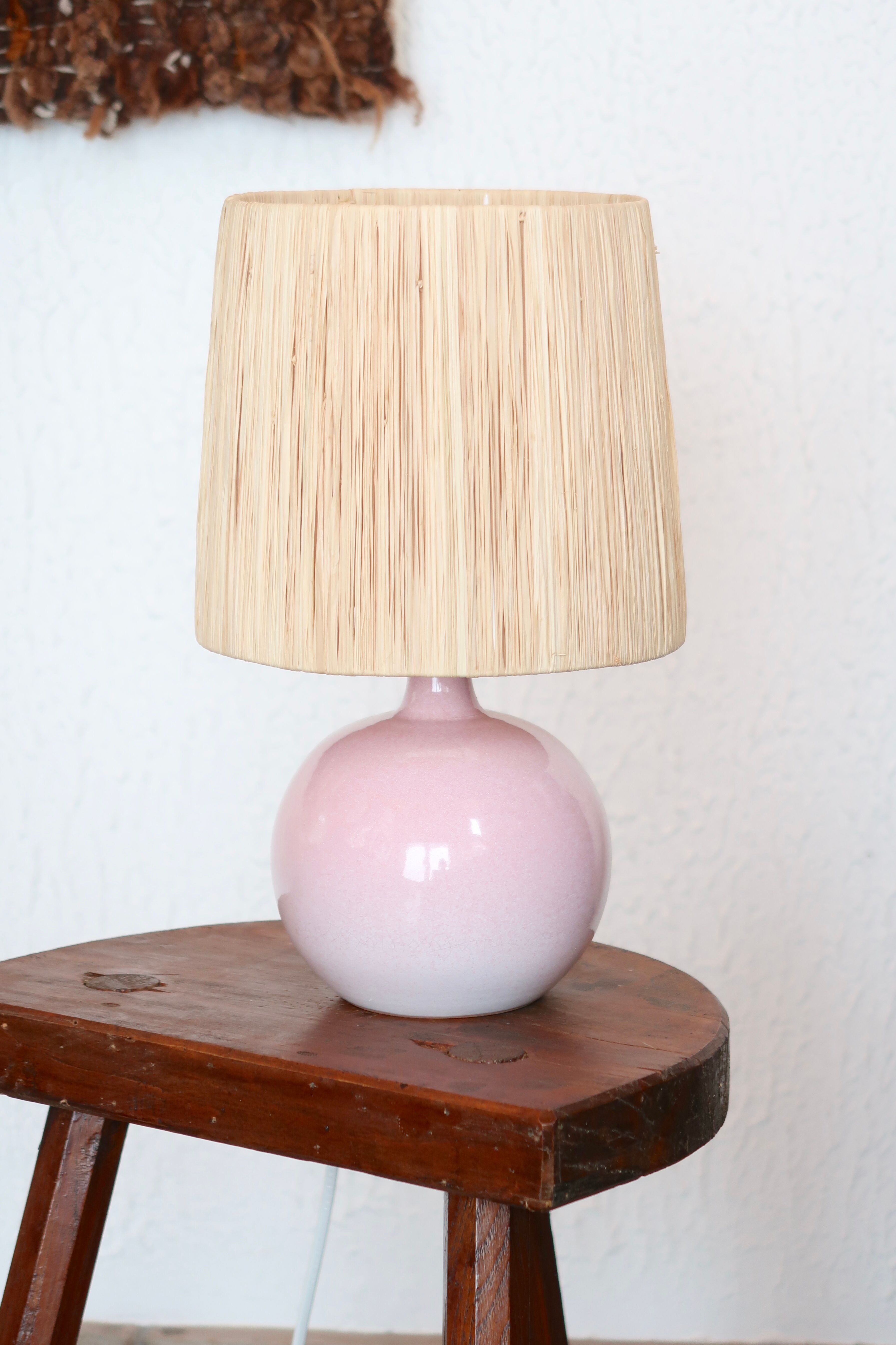 Pink ceramic lamp signed Duriez, raffia lampshade, 80s