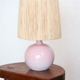 Pink ceramic lamp signed Duriez, raffia lampshade, 80s