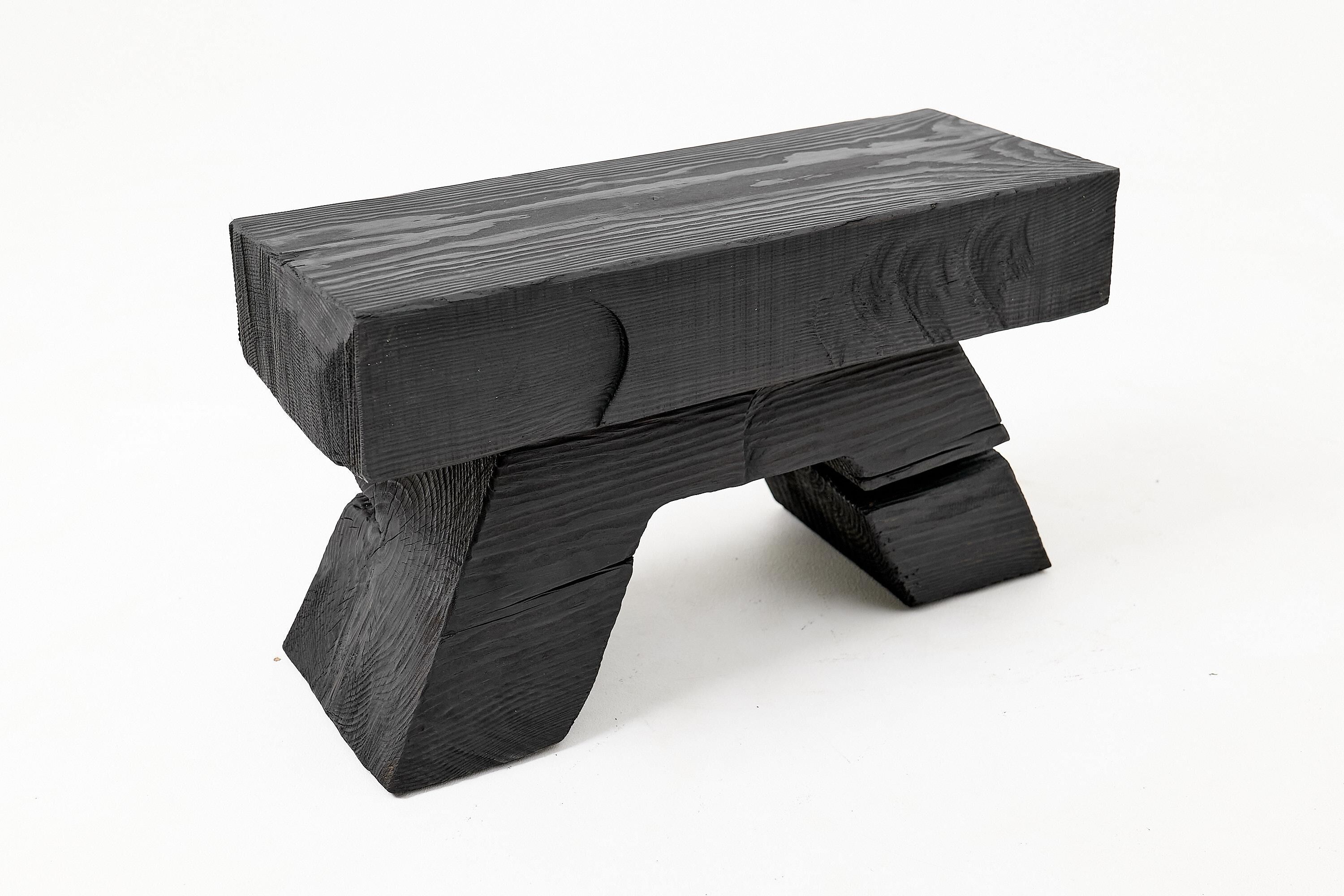 Sculptural Hardwood Stool, Side Table, Charred Wood, Hand-Carved, Logniture