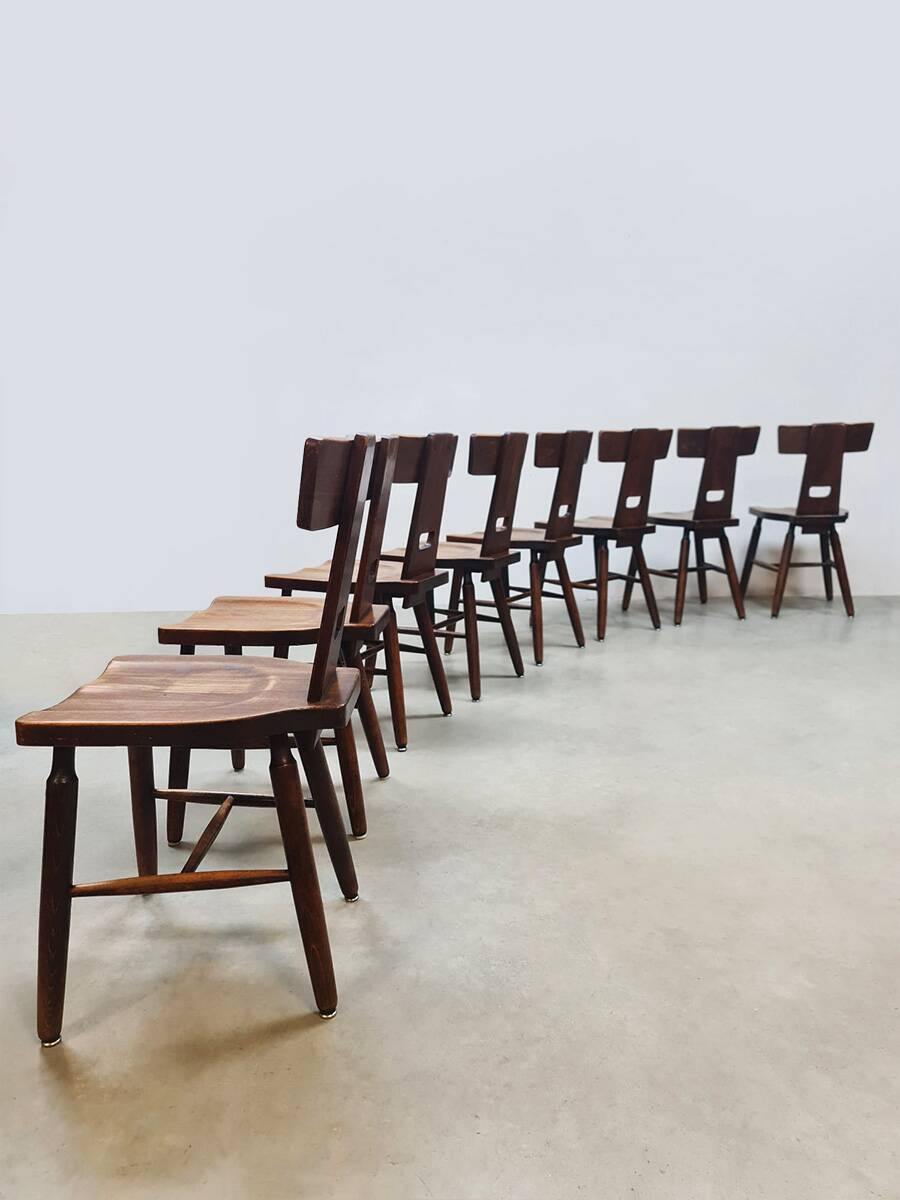 Vintage brutalist T-back dining chairs Pierre Chapo style