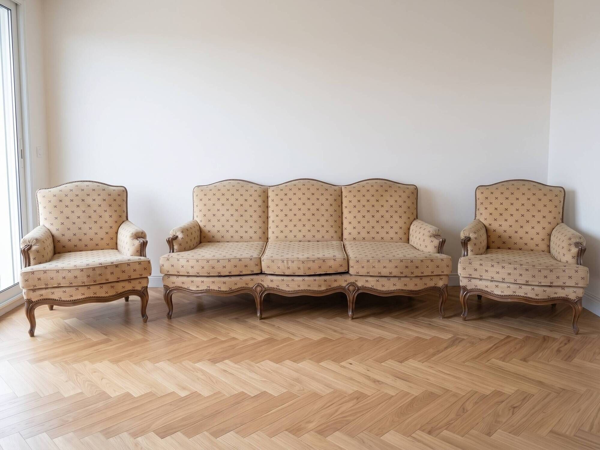 Regency style living room set: 3-seater sofa and 2 armchairs.