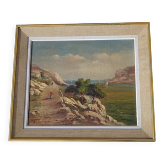 Ancient painting, landscape of the Calanques in the Mediterranean.
