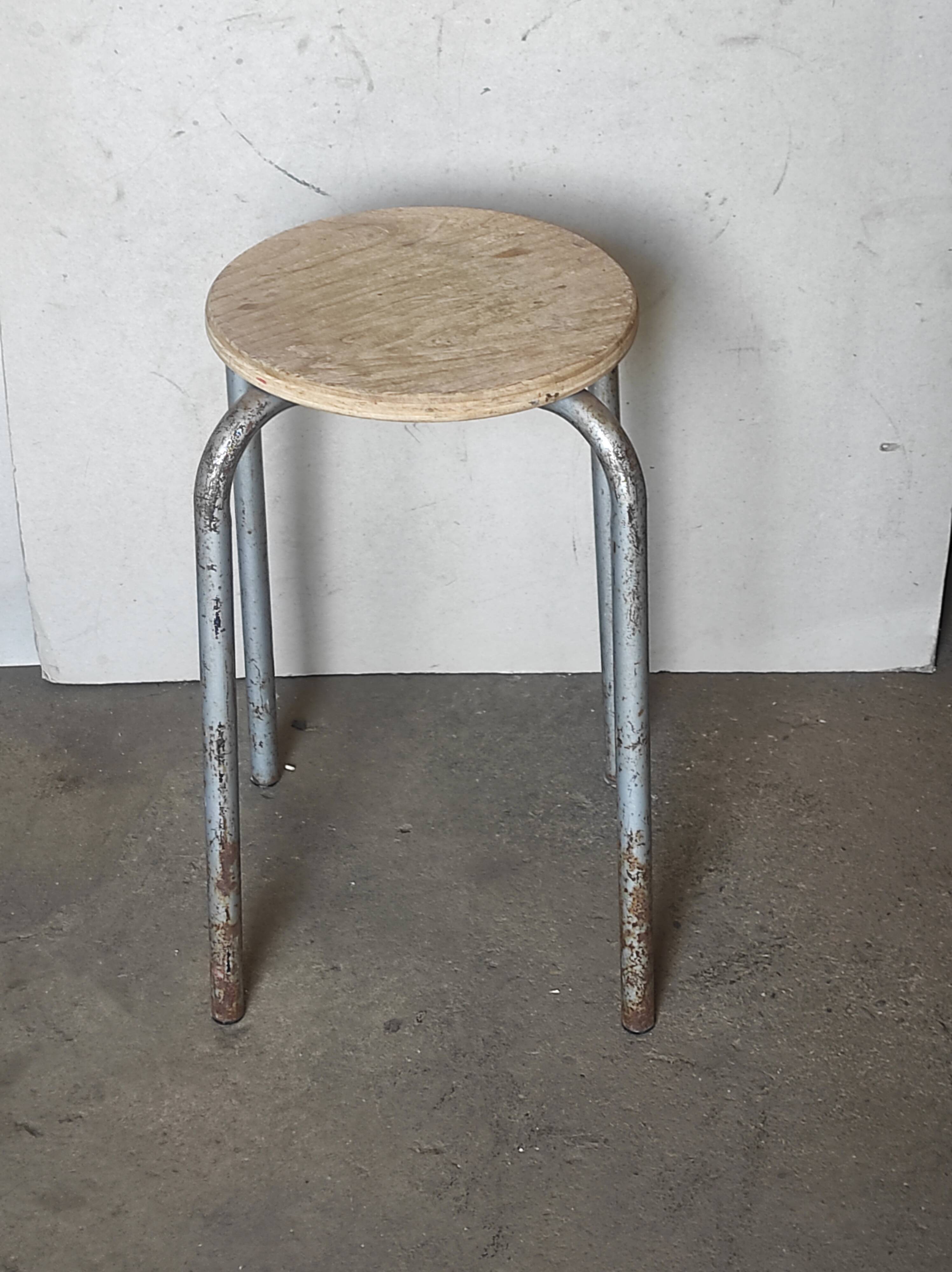 Metal workshop stool and wood seat