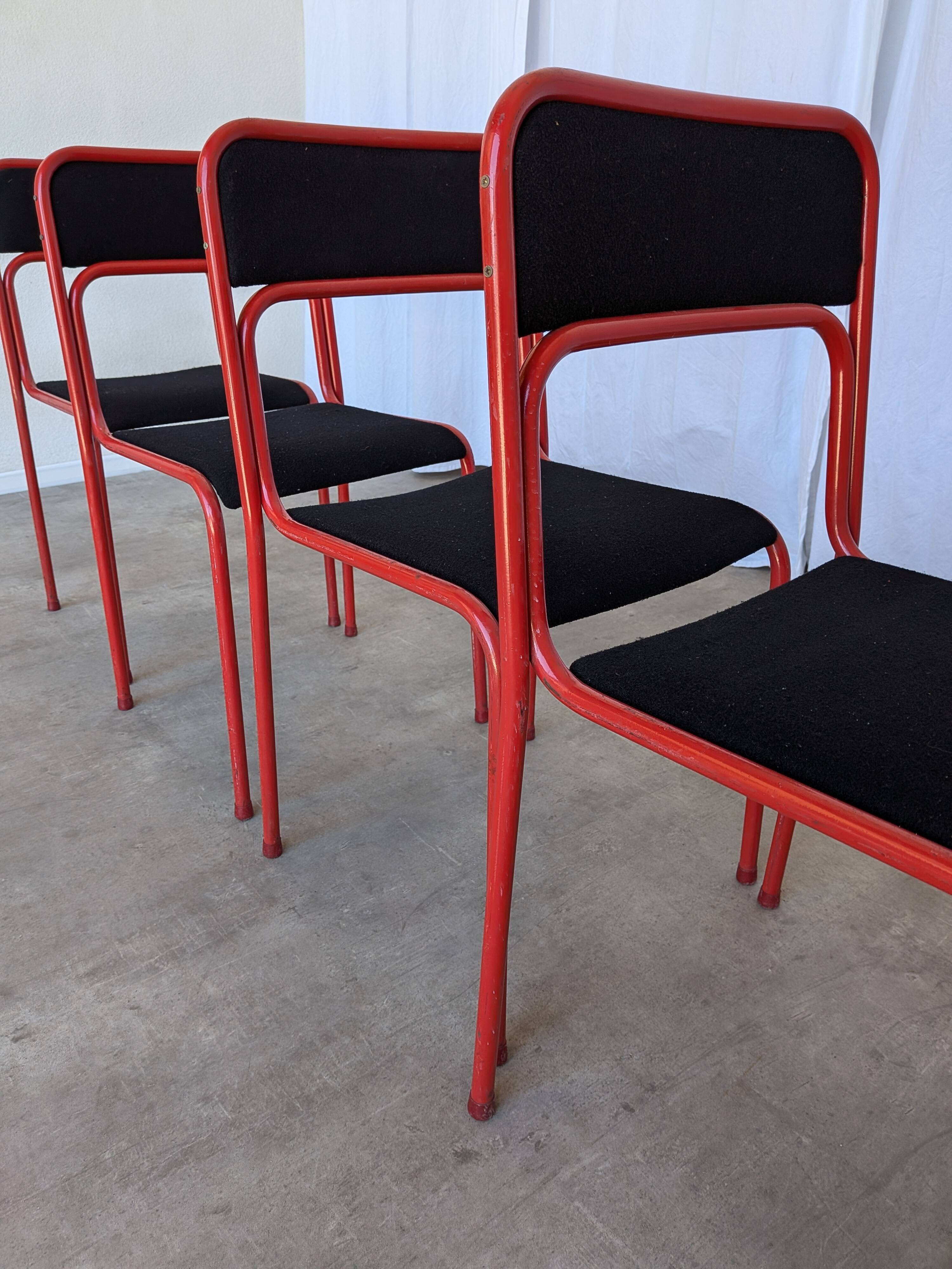 Set of 4 1970s Red & Black Metal Chair: Space Age Stackable Dining Chair