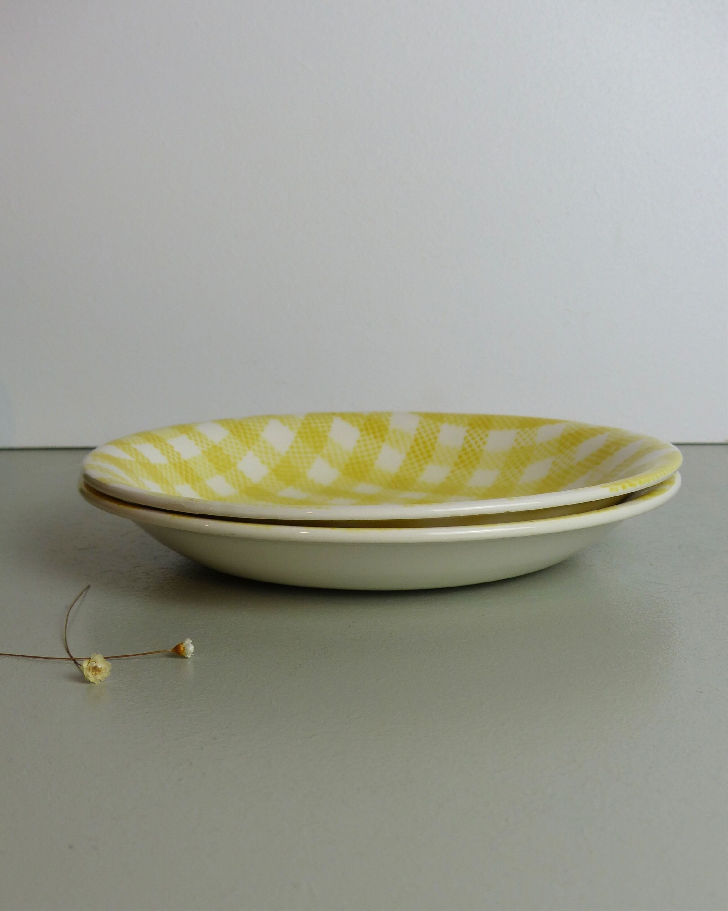 Set of two yellow and white Salins gingham plates