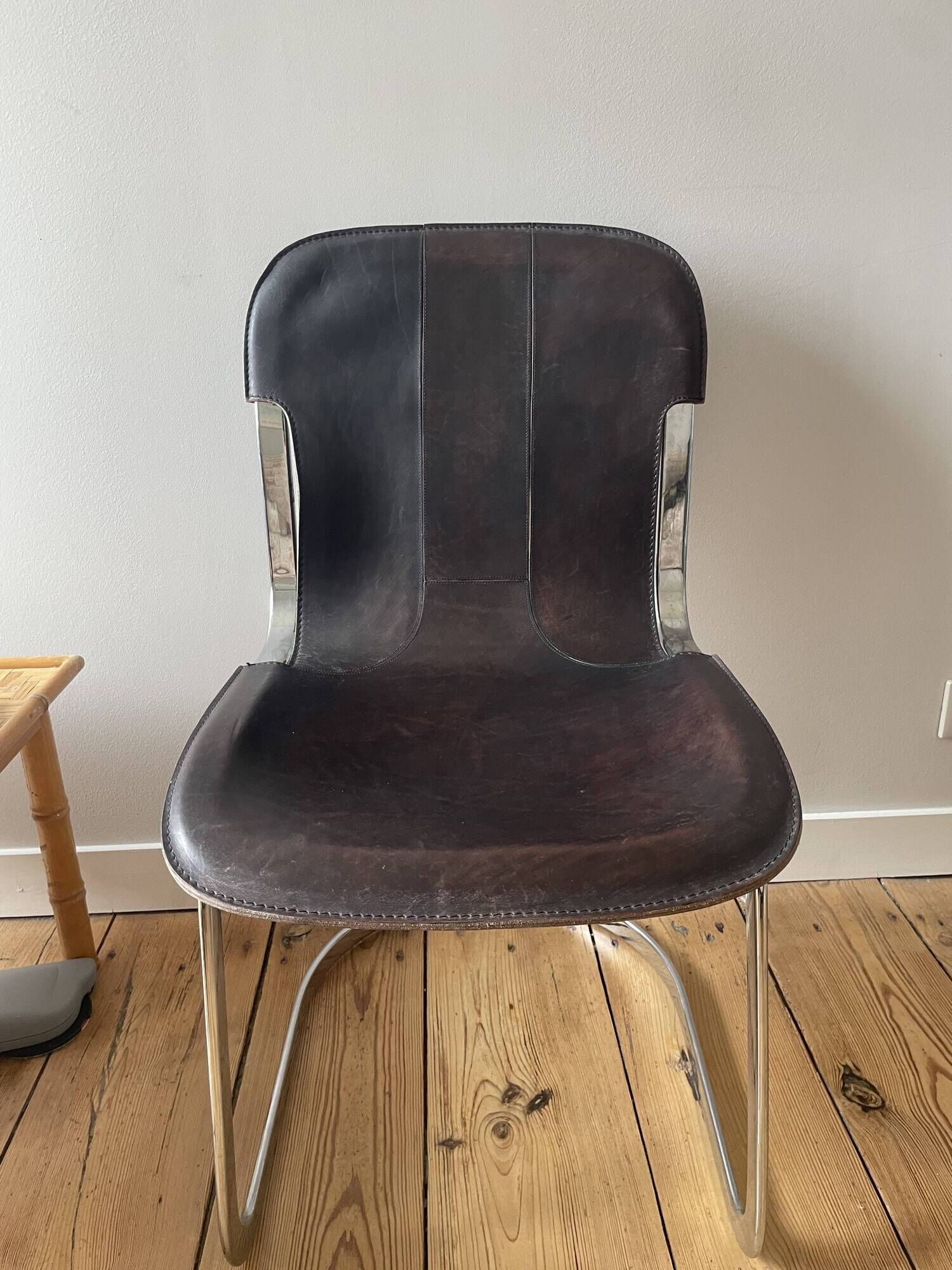 4 c2 chairs by cidue italy, in chrome metal and dark brown leather. 1970s.