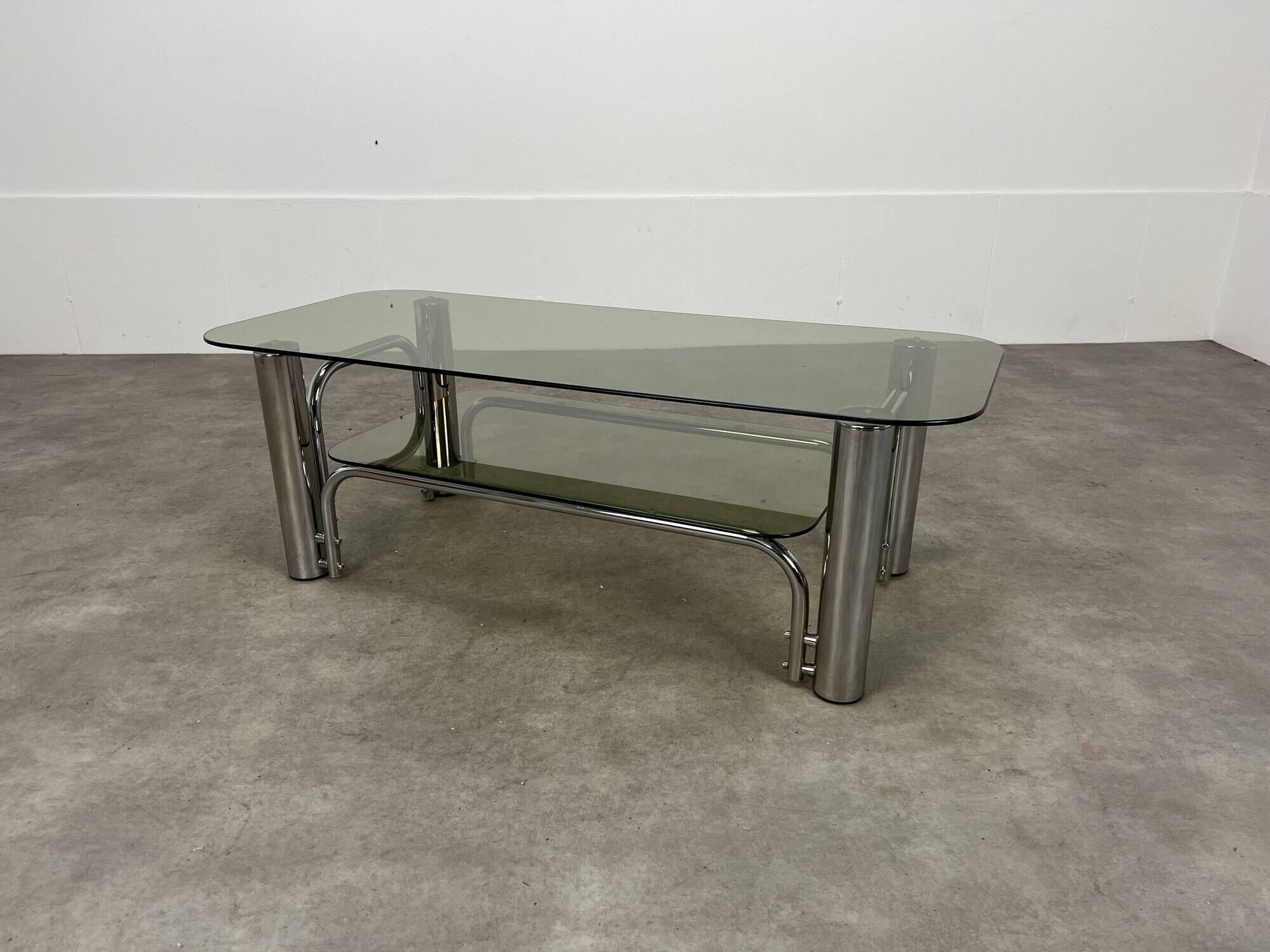 Chrome metal and smoked glass coffee table, 70s