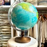 World map, globe with wooden base