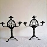Pair of wrought iron candelabras. Mid-twentieth century.