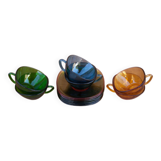 Vintage coffee cup service, tea cup service, colored glass, Vereco service, kitchen, decoration