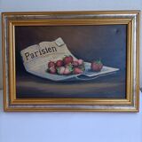 Old painting still life strawberries and diary of F. Vernet