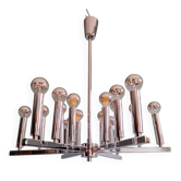 Chrome metal Space Age chandelier, 18 light points, 1970.