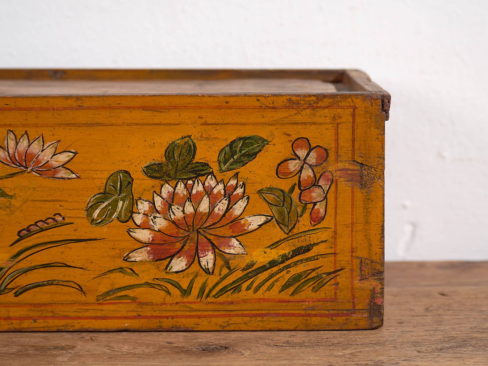 Antique Asian ochre-colored box with lotus flowers (c.1900) #1